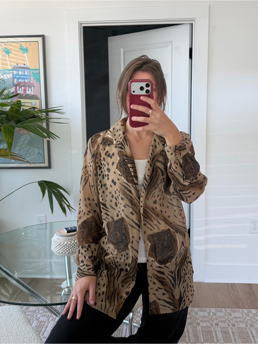 Leopard Print Long Line Jacket - Brown
